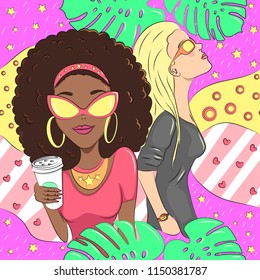 seamless pattern of girls of different nationalities who has a rest together