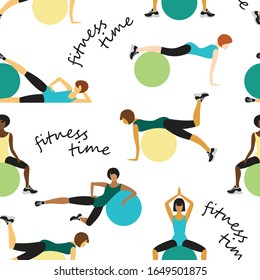  patrón impecable. niñas de diferentes nacionalidades hacen ejercicios con bolas de gimnasia. la hora de la inscripción. plano plano, colores armoniosos. ilustración vectorial de existencias. EPS 10.
