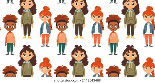 Seamless pattern with girls of different nationalities on a white background, vector illustration