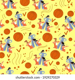 seamless pattern - girls doing dab gesture, victory, teamwork, sports, basketball