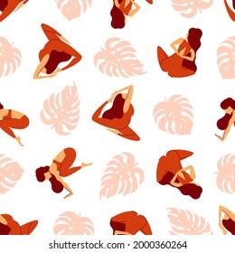 Patrón sin inconvenientes con las niñas haciendo yoga y con hojas tropicales. Formación de meditación y estiramientos, estudio de yoga. Ilustración vectorial.
