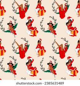 Seamless pattern with Girls is dressed in a sexy Christmas dress. Cute ladies. Pin-up, retro style.