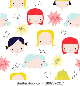 Seamless pattern with girls faces. Funny textile or paper print. Vector hand drawn illustration.