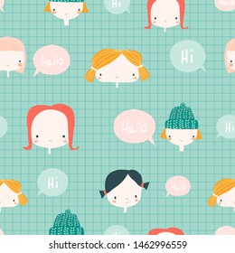 Seamless pattern with girls faces. Kids simple textile print. Vector hand drawn illustration.