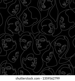 Seamless Pattern of a Girls' faces made by continuous line,  white on black background