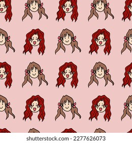 Seamless pattern with girls faces on light pink background. Doodles. Vector image.