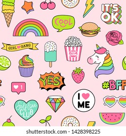 Seamless pattern of girls fashion patches on pink background.