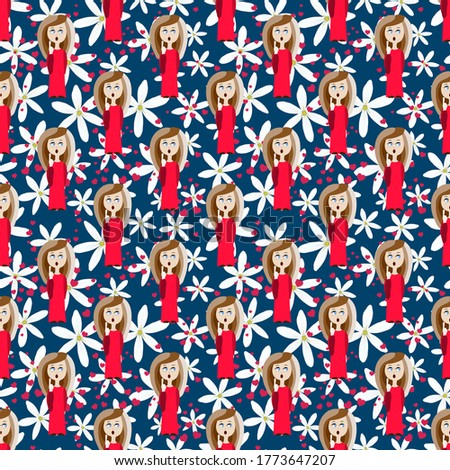 Seamless pattern of girls flowers and hearts. Vector stock illustration eps 10.