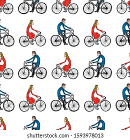 Seamless pattern of girls and guys sketches riding the bicycles