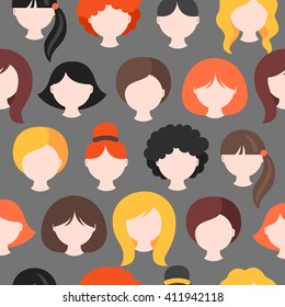 Seamless pattern with girl's heads. Short, medium, long hair. Redhead, blonde, brunette. Curly, wavy and straight hair. Perfect for wallpaper, web page background, avatars, icons, beauty salon prints 