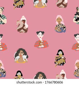 Seamless pattern. 
Girls hold their pets in their arms. Hand drawn trendy vector flat illustration.  Design for banner, card, placard, brochure. 
