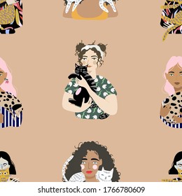 Patrón sin foco. 
Las chicas sostienen a sus mascotas en sus brazos. Ilustración plana vectorial de moda dibujada a mano.  Diseño para banner, tarjeta, cartel, folleto. 
