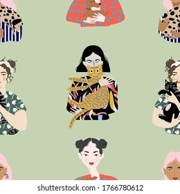 Patrón sin foco. 
Las chicas sostienen a sus mascotas en sus brazos. Ilustración plana vectorial de moda dibujada a mano.  Diseño para banner, tarjeta, cartel, folleto. 
