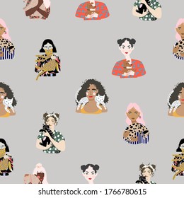 Seamless pattern. 
Girls hold their pets in their arms. Hand drawn trendy vector flat illustration.  Design for banner, card, placard, brochure. 
