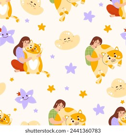 Seamless pattern with girls with large plush toy pillow cat on light background with clouds and stars. Vector illustration for design, wallpaper, packaging, textile