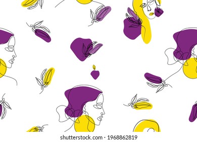 Seamless pattern with girls and leaves in continuous one line drawing style. Vector abstract illustration with the contours of female faces and colored spots in yellow and purple. Printing for textile