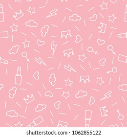 Seamless pattern for girls with lipstick, cloud, crown, heart, lightning and female symbol on pink background. Hand drawing. Vector doodle illustration.