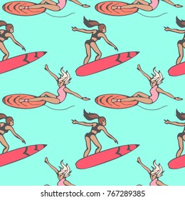 Seamless pattern with girls on bright surf boards on waves in the ocean. Vector illustration in bright colors.