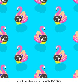 Seamless pattern with girls on an inflatable pink flamingo in summer of swims and rests. Vector illustration.