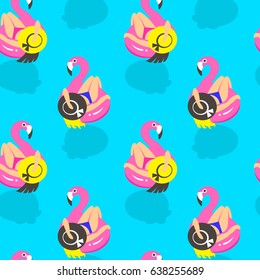 Nahtloses Muster mit Mädchen auf einem aufblasbaren rosa Flamingo im Sommer von Schwimmern und Hängen.  Vektorgrafik.