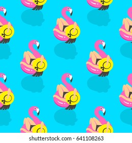 Seamless pattern with girls on an inflatable pink flamingo in summer of swims and rests. Vector illustration.