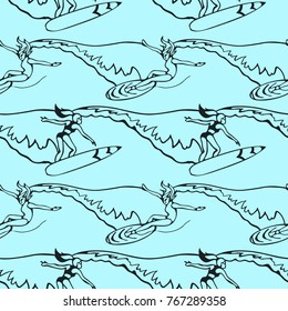 Seamless pattern with girls on surf boards on waves in the ocean. Vector illustration in blue color.