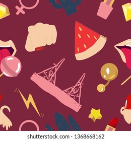 Seamless pattern. Girls power, feminism and tolerance. Vector illustration. Colored background