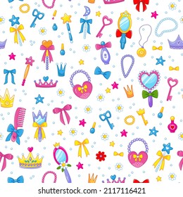 Seamless pattern for girls with princess beauty items on a white background. Hairbrush, magic wand, cute handbag, crown, beads in a fun children's style. Vector illustration.