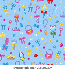 Seamless pattern for girls with princess beauty items on a blue background. Hairbrush, magic wand, cute handbag, crown, beads in a fun children's style. Vector illustration.