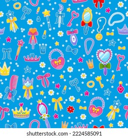 Seamless pattern for girls with princess beauty items on a blue background. Hairbrush, magic wand, cute handbag, crown, beads in a fun children's style. Vector illustration.