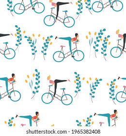 Seamless pattern of girls riding a bike. Vector illustration on gray background