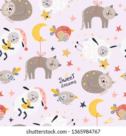 Padrão perfeito para meninas com animais dormindo. Ilustração vetorial para seu design