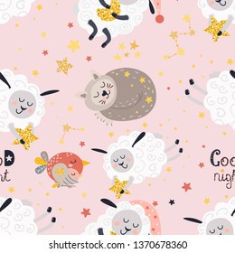 Seamless pattern for girls with sleeping animals