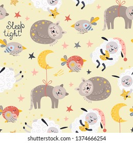 Seamless pattern for girls with sleeping animals. Vector illustration for your design