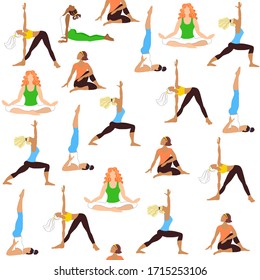 Seamless pattern of of girls  in sportswear doing sports and yoga. Women in asanas for decorating wrappers, scrapbooking paper, banner. Stock vector illustration isolated on white background.