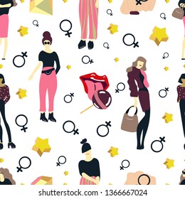 Seamless pattern. Girls standing in various poses. Girls power, feminism and tolerance. Vector illustration. Transparent background