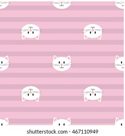 Seamless pattern for girls with stripes and funny cats. Cartoon cats illustration on background with stripes