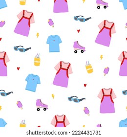 Seamless pattern with girls' stuff. Overalls, t-shirt, roller skate, sunglasses, soda and ice-cream. Cute hipster background. Hand drawn vector illustration