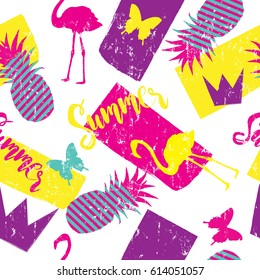 seamless pattern for girls. Summer background with flamingos, pineapple, butterfly, crown. For prints on T-shirts, textiles, paper products, the Web. Isolated on white
