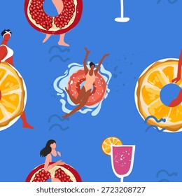 Patrón sin fisuras con las muchachas toman el sol en la piscina. Las mujeres jóvenes flotan, van con el anillo de goma como donut, naranja, granada, frutas en agua. Ilustración vectorial dibujada a mano.