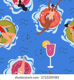 Patrón sin fisuras con las muchachas toman el sol en la piscina. Mujer joven flotar, vaya con el anillo de goma como donut, fruta del kiwi en agua. Ilustración vectorial dibujada a mano.