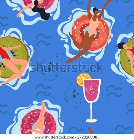 Seamless pattern with girls sunbathe in pool. Young woman float, go with rubber ring like donut, kiwi fruit in water. Hand drawn vector illustration.
