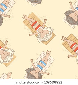 Seamless pattern of girls sunbathing on the beach