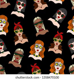 Seamless pattern with girls in sunglasses.