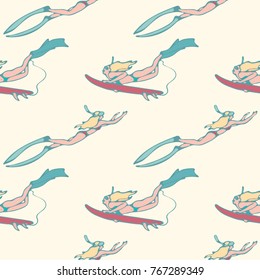Seamless pattern with girls with surf boards diving under water in the ocean. Vector illustration  in vintage style.