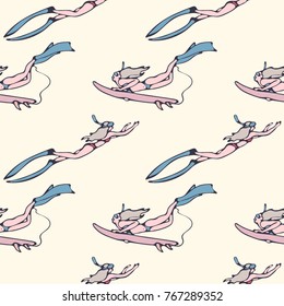 Seamless pattern with girls with surf boards diving under water in the ocean. Vector illustration  in vintage style.