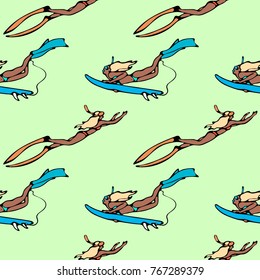 Seamless pattern with girls with surf boards diving under water in the ocean. Vector illustration in bright colors in vintage style.