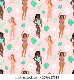 Seamless pattern with girls in swimsuits, monstera leaves, white flowers and twigs. Body positive, feminism, summer, vacation concept.