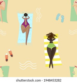 patrón ininterrumpido de niñas con traje de baño para tomar el sol en la playa