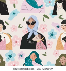 Seamless pattern. 
Girls and their pets . Hand drawn trendy vector flat illustration.  Design for banner, card, placard, brochure. 
Transparent background